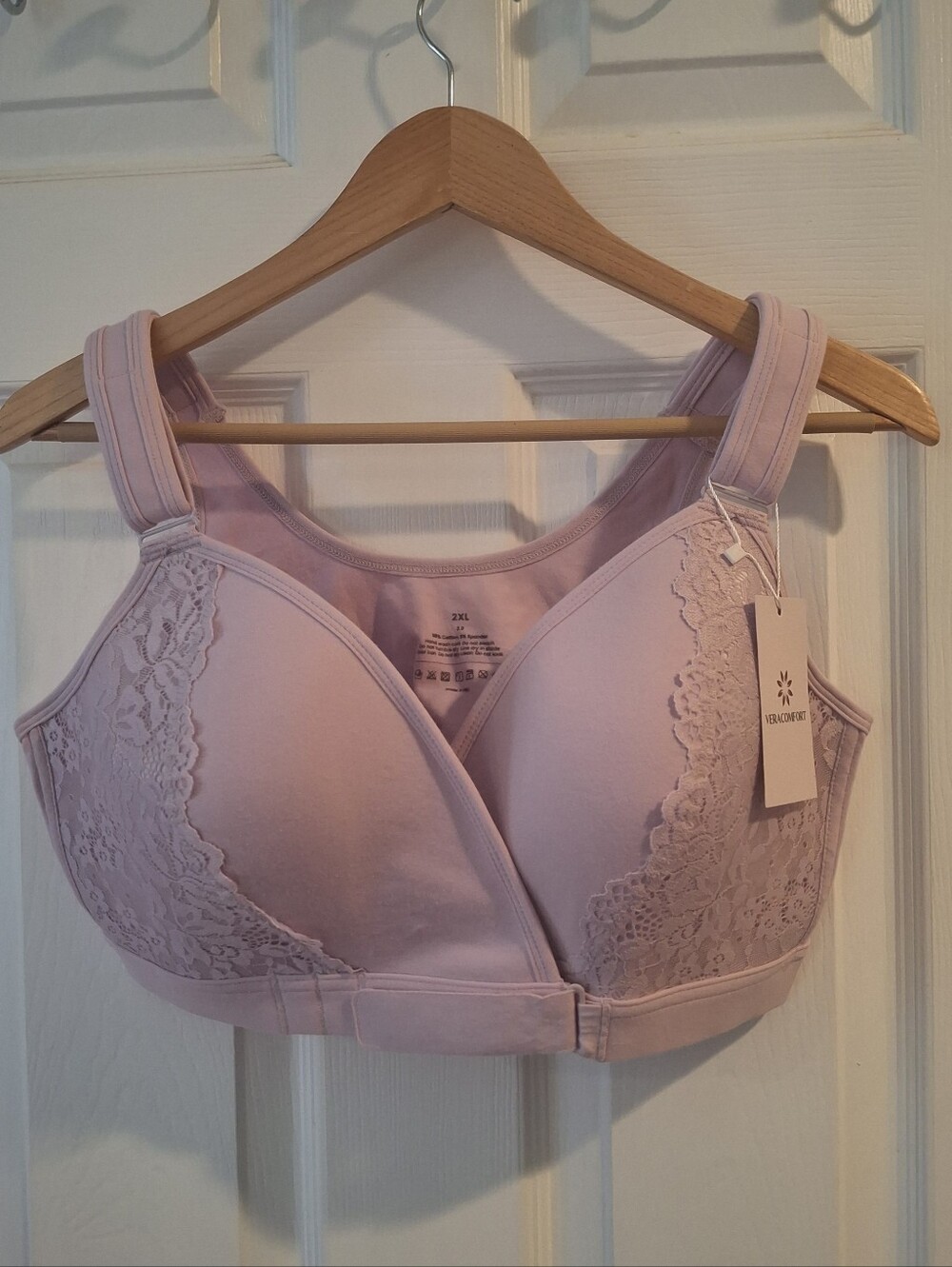 Vera Comfort Wireless Bra 2XL Lavender Lace Trim Comfort Support Front Close NWT